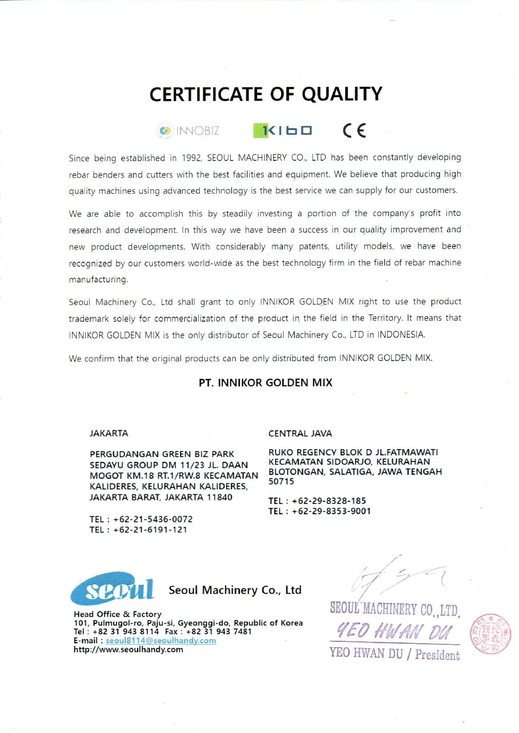 Certificate of Quality — Seoul Machinery Co., Ltd untuk PT. Innikor Golden Mix